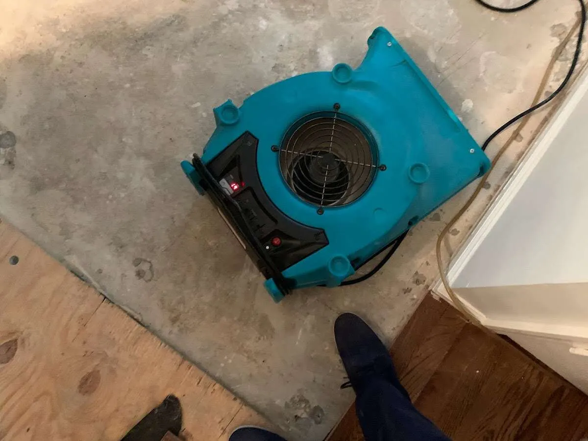 Air mover drying subfloor during Commercial Water Damage Restoration in Strasburg